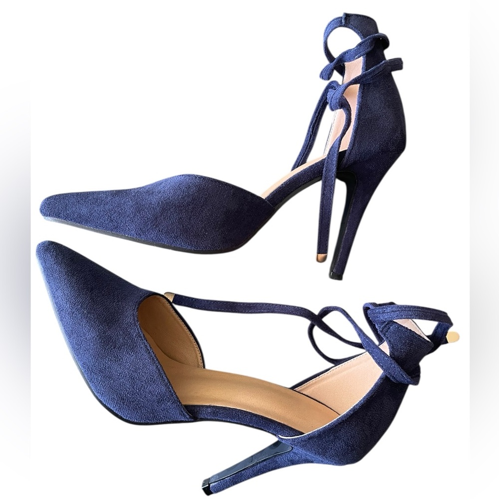 Navy Lace-Up Pointed-Toe Heels